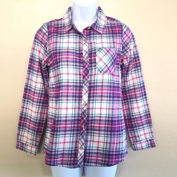 Land’s End Girls Button Down Flannel Shimmer Plaid Shirt Size L-14 - Picture 1 of 15